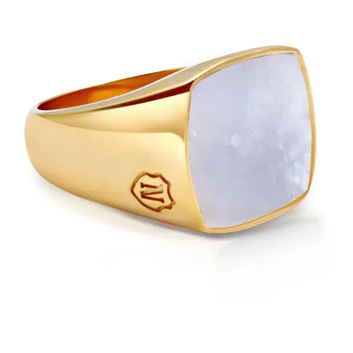 Nialaya , Men's Gold Signet Ring with Natural White Shell ,Yellow male, Sizes: 58 MM, 60 MM, 64 MM