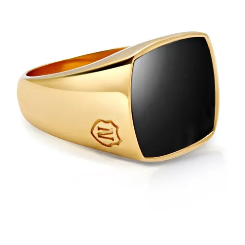 Nialaya , Men's Gold Signet Ring with Onyx ,Yellow male, Sizes: 64 MM, 60 MM, 66 MM, 62 MM, 58 MM, 68 MM, 56 MM