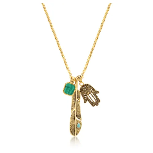 Nialaya , Men`s Golden Talisman Necklace with Large Feather, Malachite Square and Hamsa Hand Pendant ,Multicolor male, Sizes: ONE SIZE