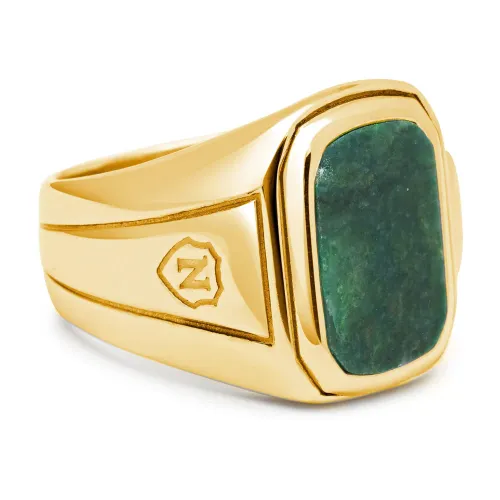 Nialaya , Men's Oblong Gold Plated Signet Ring with Green Jade ,Yellow male, Sizes: 58 MM, 56 MM, 60 MM, 62 MM, 64 MM
