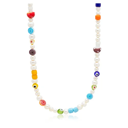 Nialaya , Men's Pearl Choker with Playful Glass Beads ,Multicolor male, Sizes: ONE SIZE