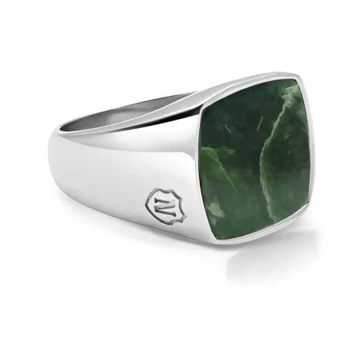 Nialaya , Men's Silver Signet Ring with Green Jade ,Gray male, Sizes: 62 MM, 58 MM, 66 MM, 64 MM, 56 MM, 60 MM, 68 MM
