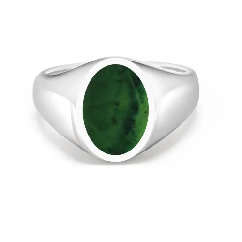 Nialaya , Men's Sterling Silver Oval Signet Ring with Green Jade ,Gray male, Sizes: 56 MM, 60 MM, 58 MM, 62 MM, 64 MM