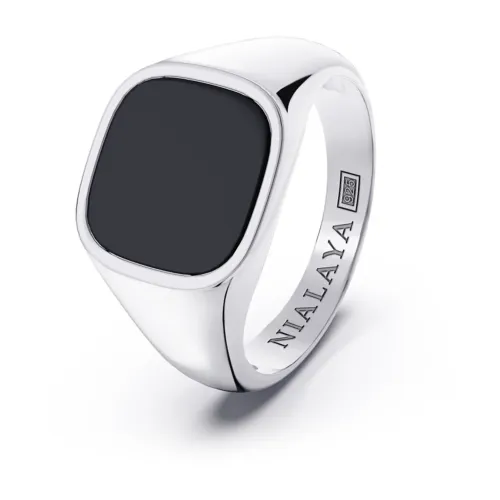 Nialaya , Men's Sterling Silver Signet Ring with Black Onyx ,Gray male, Sizes: 56 MM, 64 MM, 58 MM, 62 MM, 60 MM