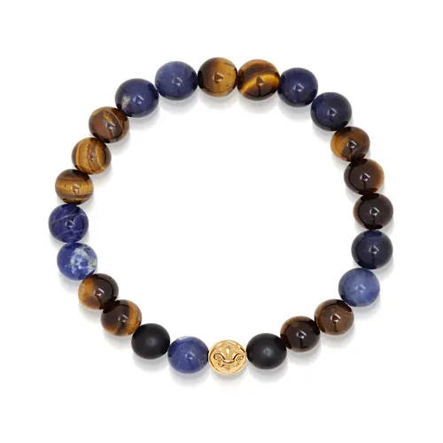 Nialaya , Men's Wristband with Blue Dumortierite, Brown Tiger Eye and Gold ,Multicolor male, Sizes: M, XL, L