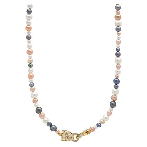 Nialaya , Multi-Colored Pearl Necklace with Gold Plated Panther Head Lock ,Multicolor male, Sizes: ONE SIZE