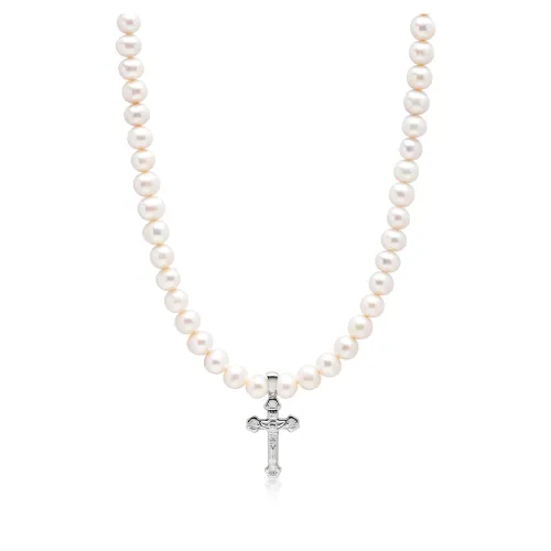 Nialaya , Pearl Necklace with Silver Cross ,Gray male, Sizes: ONE SIZE