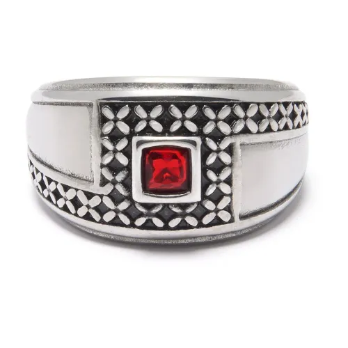 Nialaya , Silver Ring with Red Stone ,Gray male, Sizes: 62 MM, 58 MM, 64 MM, 60 MM