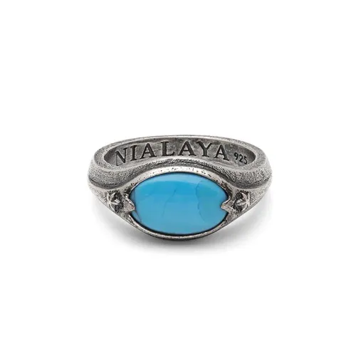 Nialaya , Sterling Silver Oval Signet Ring with Genuine Turquoise ,Gray male, Sizes: 60 MM, 58 MM, 62 MM, 56 MM, 64 MM