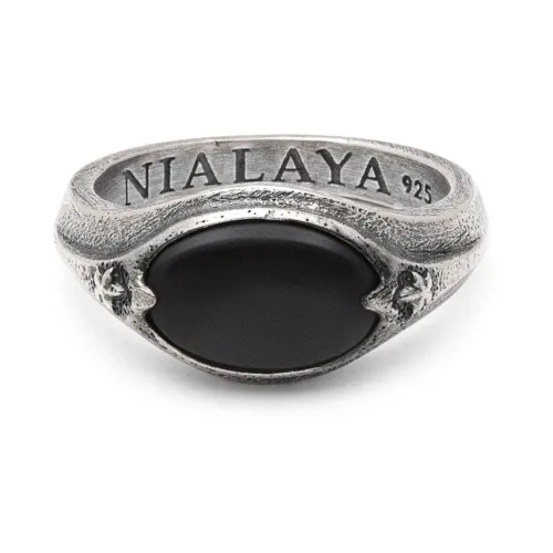 Nialaya , Sterling Silver Oval Signet Ring with Matte Onyx ,Gray male, Sizes: 60 MM, 64 MM