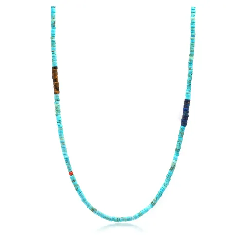Nialaya , Turquoise Heishi Necklace with Tiger Eye and Blue Lapis ,Green male, Sizes: ONE SIZE