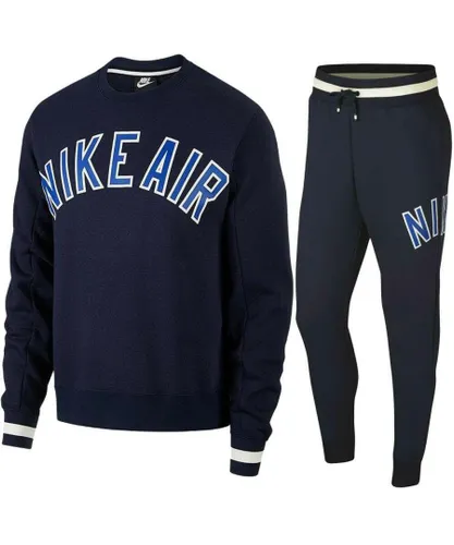 Nike Mens Air Fleece Full Crewneck Tracksuit Set Navy Cotton