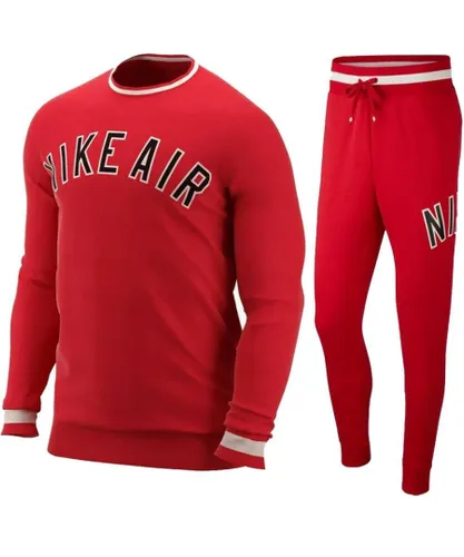 Nike Mens Air Fleece Full Crewneck Tracksuit Set Red Cotton