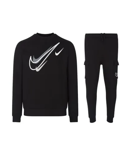 Nike Sportswear Mens Multi Swoosh Graphic Fleece Tracksuit Set, Black Cotton