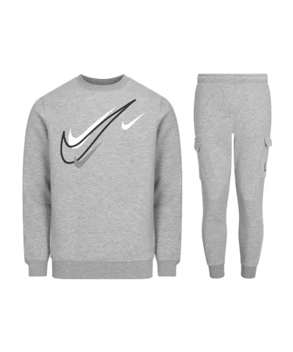 Nike Sportswear Mens Multi Swoosh Graphic Fleece Tracksuit Set, Grey Cotton