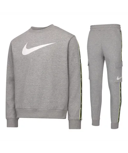 Nike Sportswear Mens Repeat Crew Fleece Tracksuit Dark Grey Heather/White Cotton