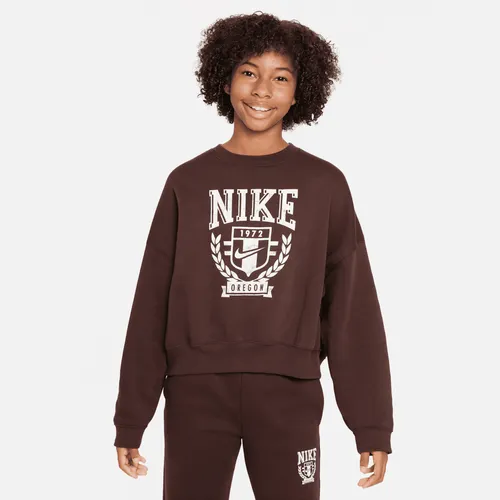 Nike Sportswear Older Kids' (Girls') Oversized Fleece Crew-Neck Sweatshirt - Brown - Polyester