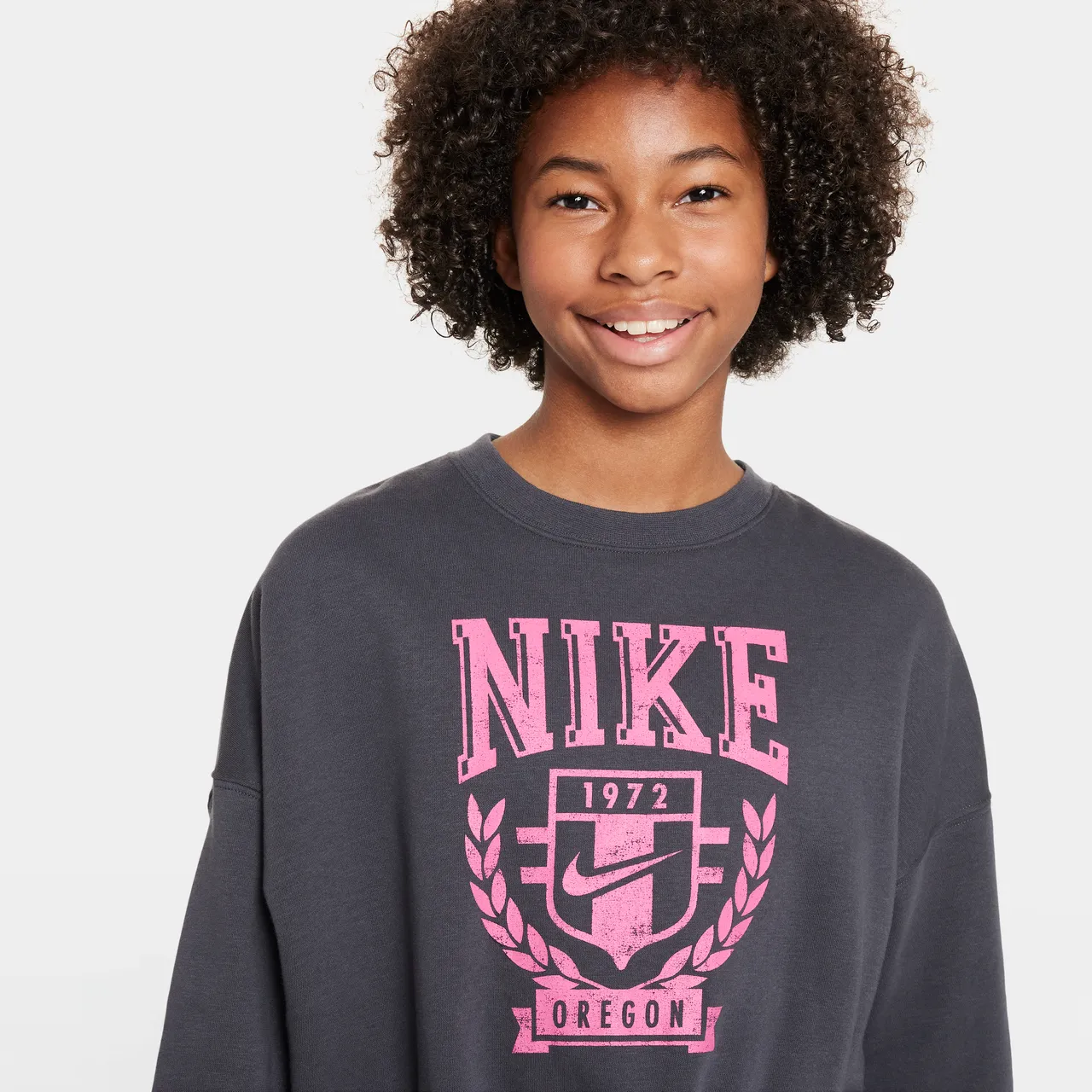 Nike Sportswear Older Kids' (Girls') Oversized Fleece Crew-Neck Sweatshirt - Grey - Polyester
