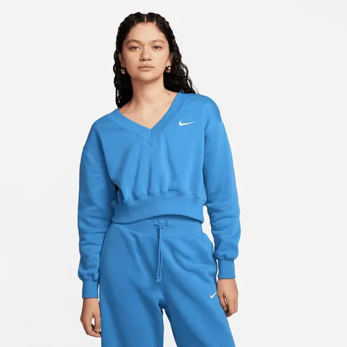Nike Sportswear Phoenix Fleece Women's Cropped V-Neck Top - Blue - Polyester