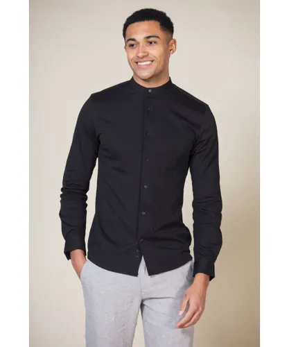 Nines Mens Black Cotton Long Sleeve Button-Up Shirt With Grandad Collar