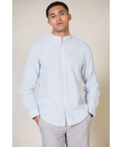 Nines Mens Blue Linen Blend Long Sleeve Button-Up Shirt With Grandad Collar