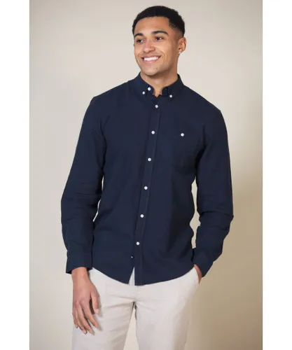 Nines Mens Navy Linen Blend Long Sleeve Button-Up Shirt With Chest Pocket