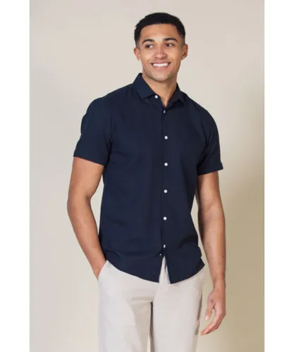 Nines Mens Navy Linen Blend Short Sleeve Button-Up Shirt