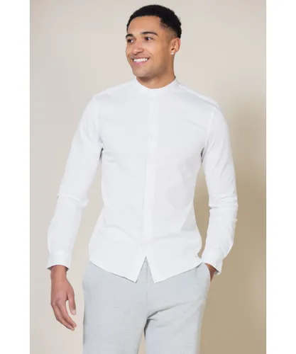 Nines Mens White Linen Blend Long Sleeve Button-Up Shirt With Grandad Collar