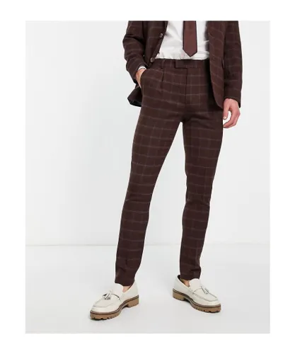 Noak Mens wool-rich skinny suit trousers in burgundy check-Red