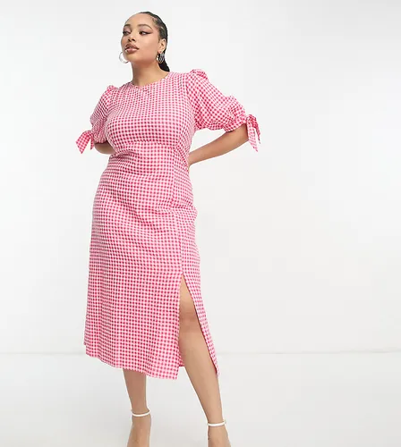 Nobody's Child Plus Esme tie sleeve midi dress in pink and red gingham