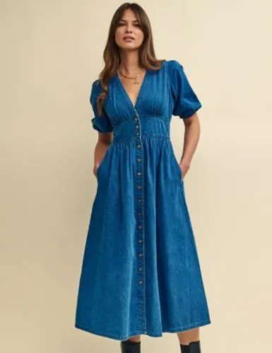 Nobody'S Child Womens Denim V-Neck Midi Waisted Dress - 10 - Blue, Blue