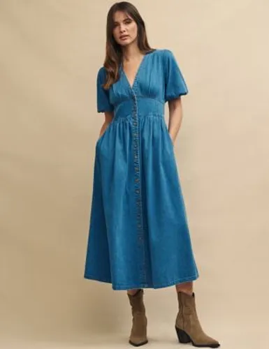 Nobody'S Child Womens Denim V-Neck Waisted Midaxi Dress - 18 - Blue, Blue