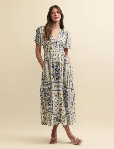 Nobody'S Child Womens Printed V-Neck Midaxi Dress With Linen - 8REG - Multi, Multi