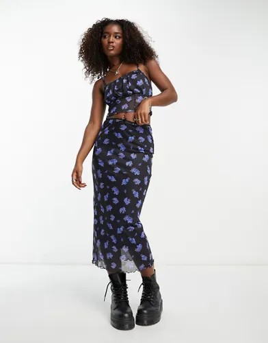 Noisy May mesh maxi skirt co-ord in black & blue floral-Multi