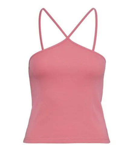 Noisy May Mid Pink Ribbed Strappy Halter Vest New Look