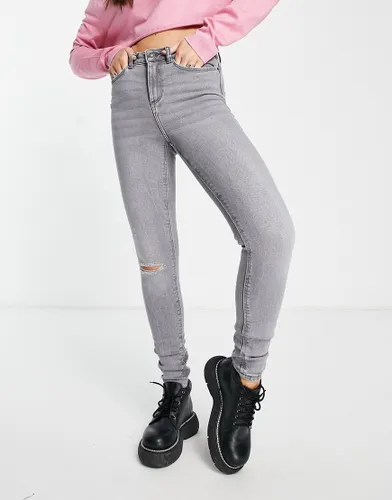 Noisy May Premium Callie high waisted ripped knee skinny jeans in light grey