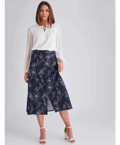 Noni B Womens Button Front Linen Print Skirt - Navy Cotton