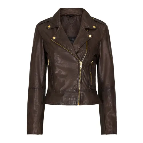 Notyz , Biker Jacket Skind 10961-New Almond Brown with Gold Accents ,Brown female, Sizes: