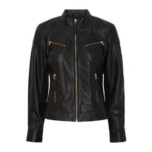 Notyz , Biker Jacket with Zip Pocket and Gold Accents ,Black female, Sizes: