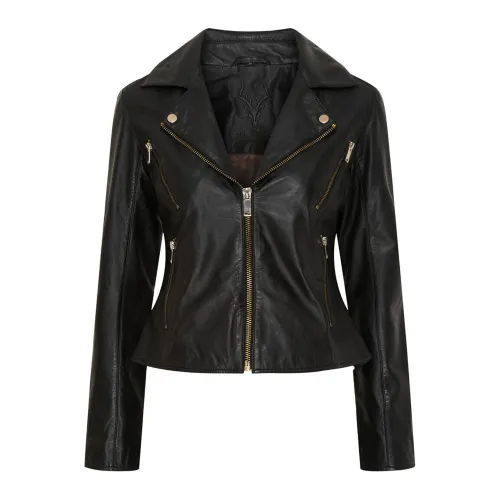 Notyz , Black Leather Biker Jacket with Gold Accents ,Black female, Sizes: