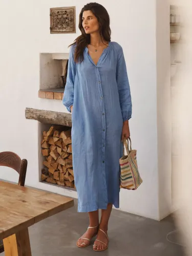 NRBY Mira Gauze Linen Button Down Midi Dress - Cornflower Blue - Female