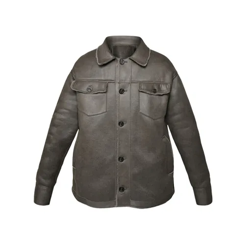 Oakwood , Men Leather Jacket with Lambskin in Dark Khaki ,Brown male, Sizes: