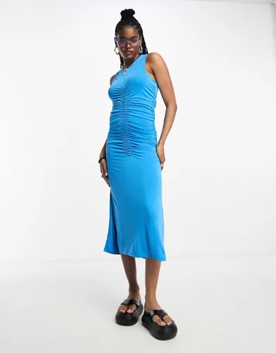 Object ruched sleeveless jersey midi dress with ruched front in blue