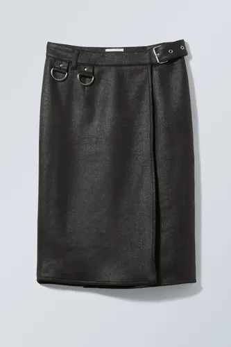 Oda Coated Faux Leather Midi Skirt - Black