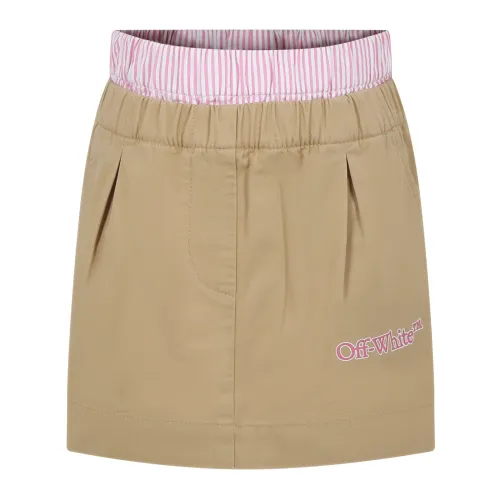 Off White , Beige Cotton Skirt with Elasticated Waist ,Beige unisex, Sizes:
