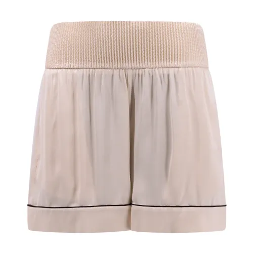 Off White , Beige Elastic Waistband Shorts ,Beige female, Sizes: