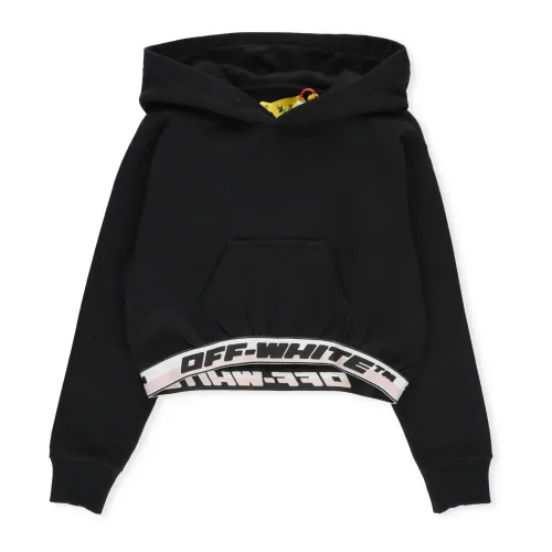 Off White , Black Cotton Cropped Hoodie for Girls ,Black female, Sizes: