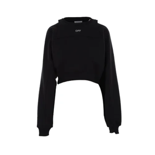 Off White , Black Cotton Jersey Cropped Sweater with Logo Print ,Black female, Sizes: