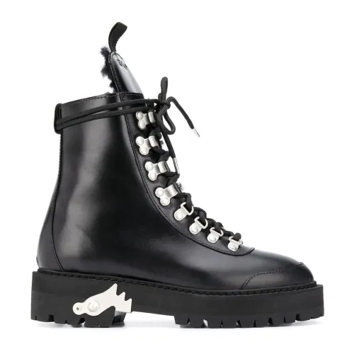 Off White , Black Leather Ankle Boots with Eco Fur Lining ,Black female, Sizes: