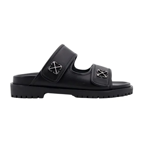 Off White , Black Leather Sandals with Adjustable Strap ,Black male, Sizes: